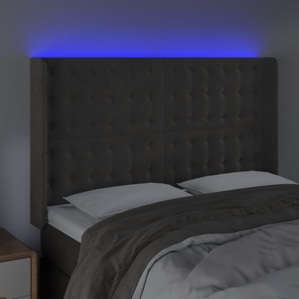vidaXL Tăblie de pat cu LED, gri închis, 147x16x118/128 cm, catifea vidaXL Tăblie de pat cu LED, gri închis, 147x16x118/128 cm, catifea
