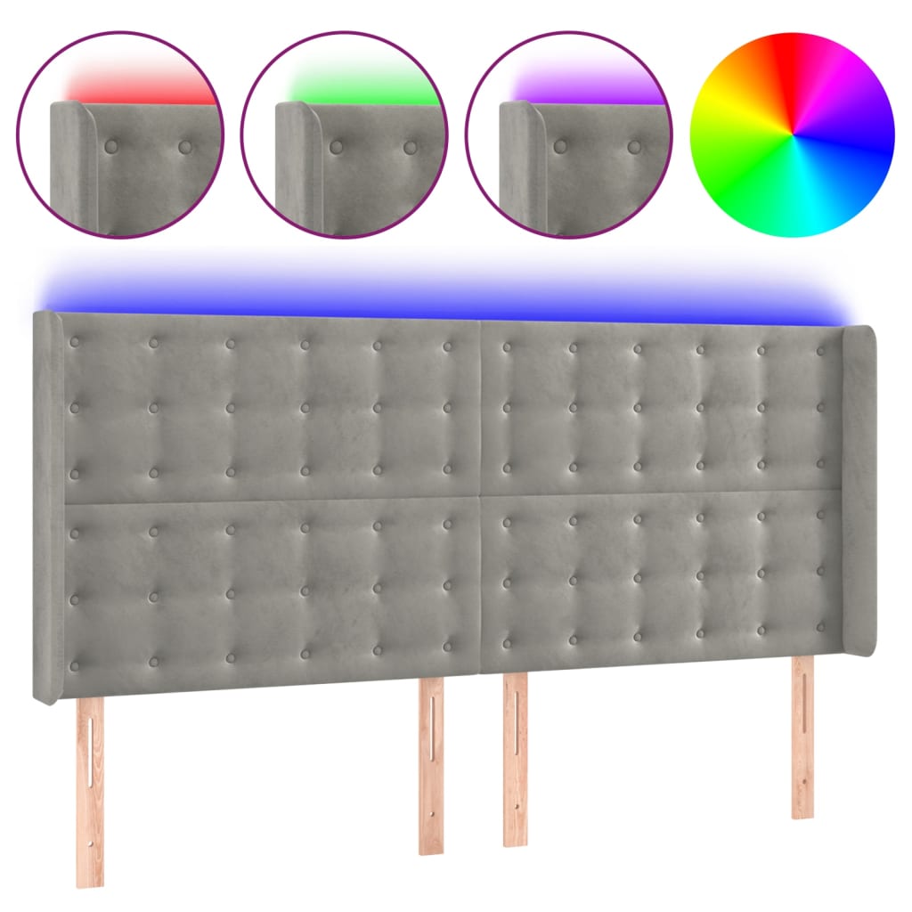 vidaXL Tăblie de pat cu LED, gri deschis, 183x16x118/128 cm, catifea