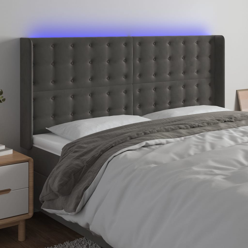 vidaXL Tăblie de pat cu LED, gri închis, 203x16x118/128 cm, catifea vidaXL Tăblie de pat cu LED, gri închis, 203x16x118/128 cm, catifea
