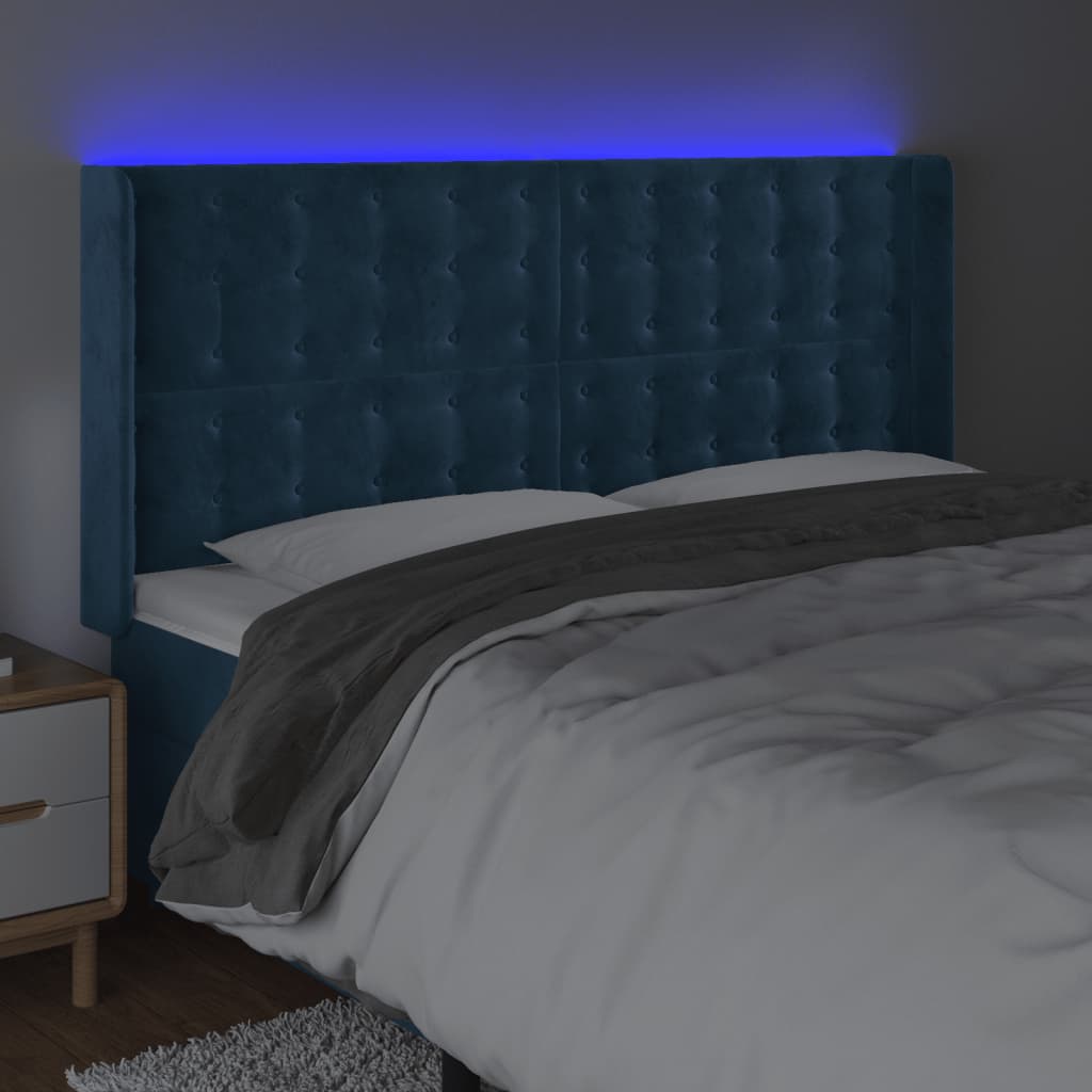 vidaXL Tăblie de pat cu LED, albastru închis, 203x16x118/128cm catifea