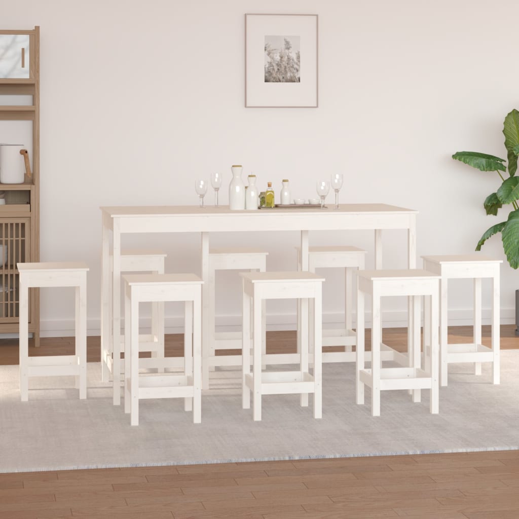 vidaXL Set mobilier de bar, 9 piese, alb, lemn masiv de pin vidaXL Set mobilier de bar, 9 piese, alb, lemn masiv de pin