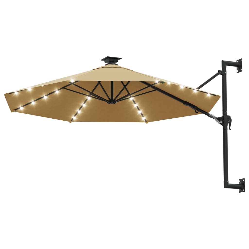 vidaXL Umbrelă de soare montată pe perete cu LED-uri, taupe, 300 cm