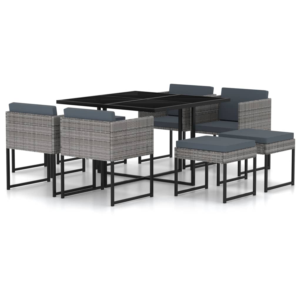 vidaXL Set mobilier grădină cu perne, 9 piese, gri, poliratan vidaXL Set mobilier grădină cu perne, 9 piese, gri, poliratan