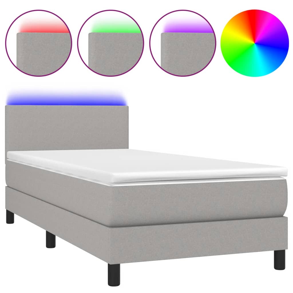 vidaXL Pat cu arcuri, saltea și LED, gri deschis, 90x200 cm, textil vidaXL Pat cu arcuri, saltea și LED, gri deschis, 90x200 cm, textil
