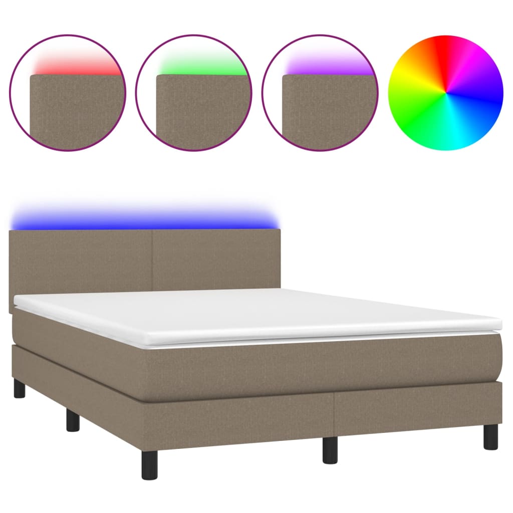 vidaXL Pat cu arcuri, saltea și LED, gri taupe, 140x190 cm, textil vidaXL Pat cu arcuri, saltea și LED, gri taupe, 140x190 cm, textil