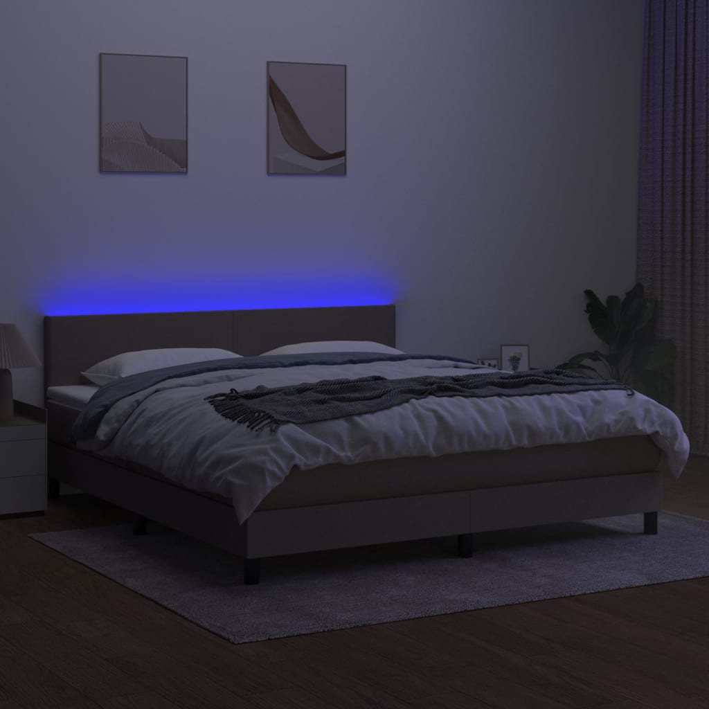 vidaXL Pat cu arcuri, saltea și LED, gri taupe, 180x200 cm, textil