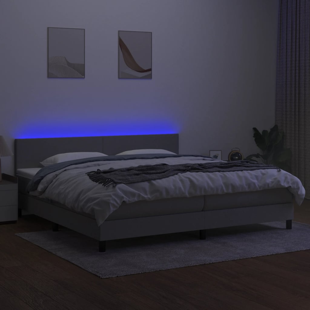 vidaXL Pat cu arcuri, saltea și LED, gri deschis, 200x200 cm, textil
