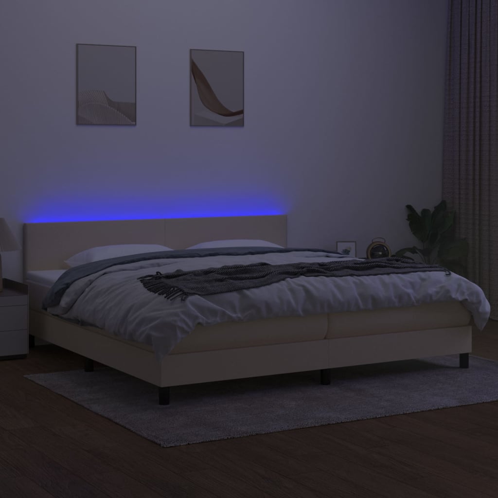 vidaXL Pat cu arcuri, saltea și LED, crem, 200x200 cm, textil