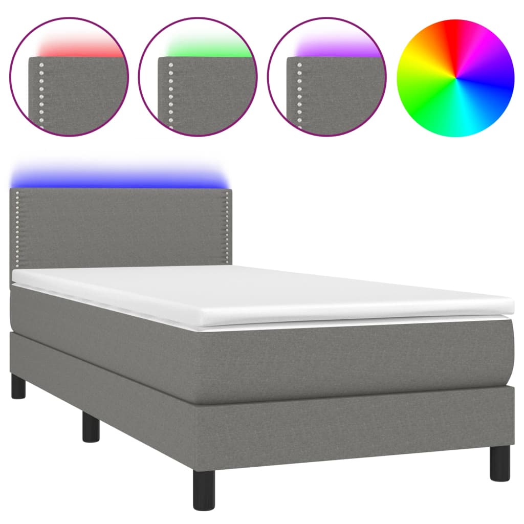 vidaXL Pat cu arcuri, saltea și LED, gri închis, 90x190 cm, textil