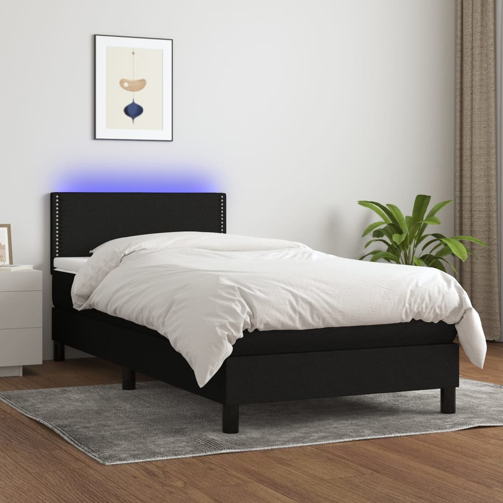 vidaXL Pat cu arcuri, saltea și LED, negru, 90x190 cm, textil vidaXL Pat cu arcuri, saltea și LED, negru, 90x190 cm, textil