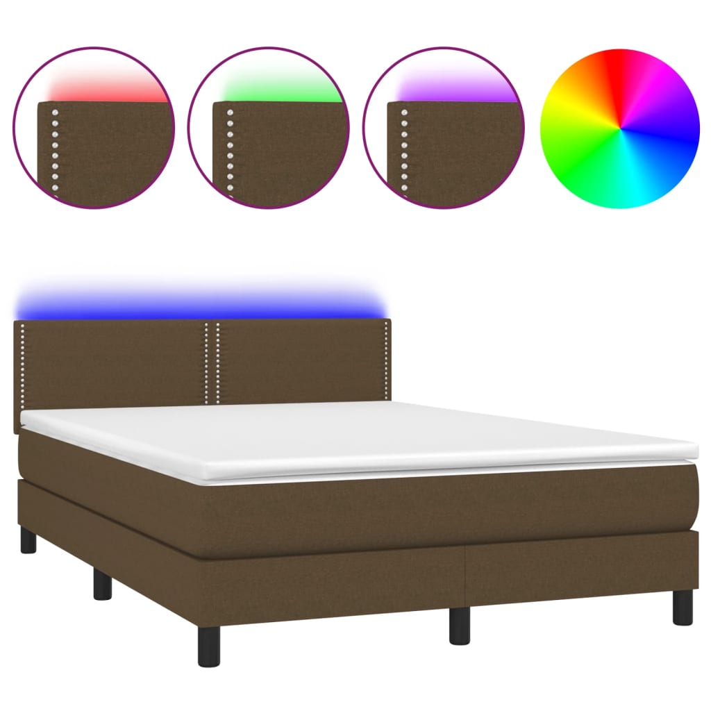 vidaXL Pat cu arcuri, saltea și LED, maro închis, 140x190 cm, textil vidaXL Pat cu arcuri, saltea și LED, maro închis, 140x190 cm, textil