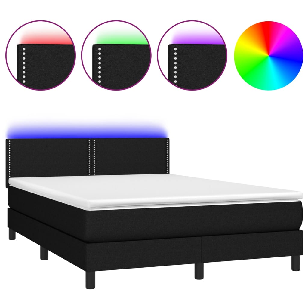 vidaXL Pat cu arcuri, saltea și LED, negru, 140x200 cm, textil vidaXL Pat cu arcuri, saltea și LED, negru, 140x200 cm, textil