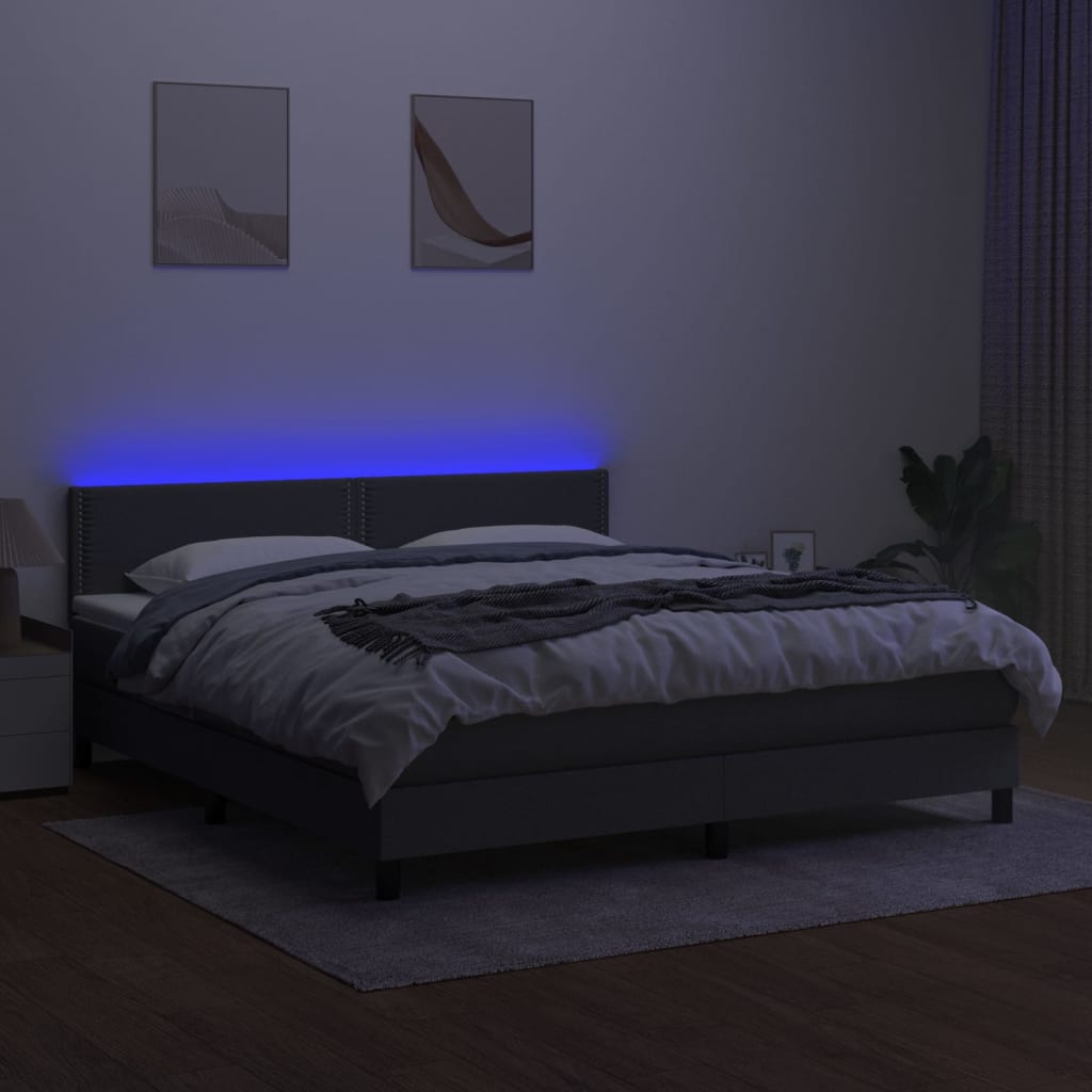 vidaXL Pat cu arcuri, saltea și LED, gri închis, 160x200 cm, textil