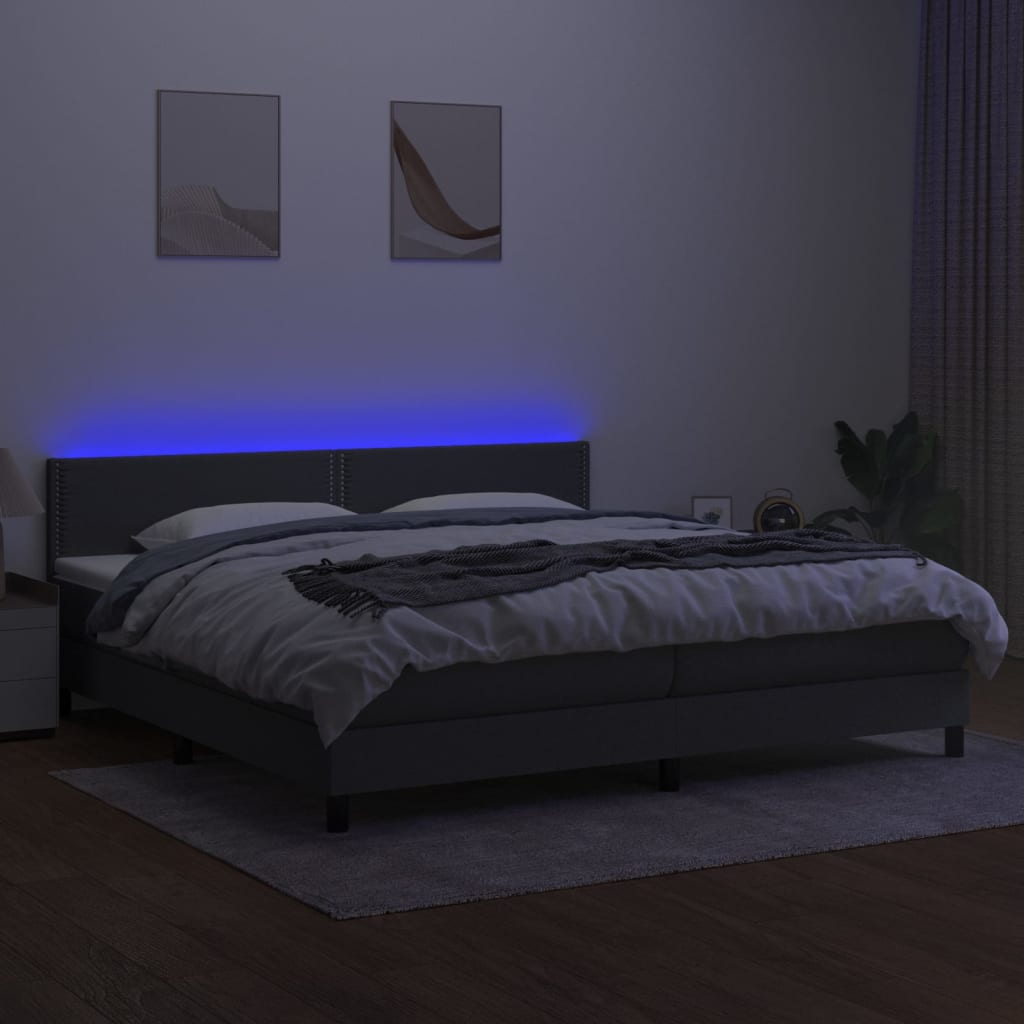vidaXL Pat cu arcuri, saltea și LED, gri închis, 200x200 cm, textil