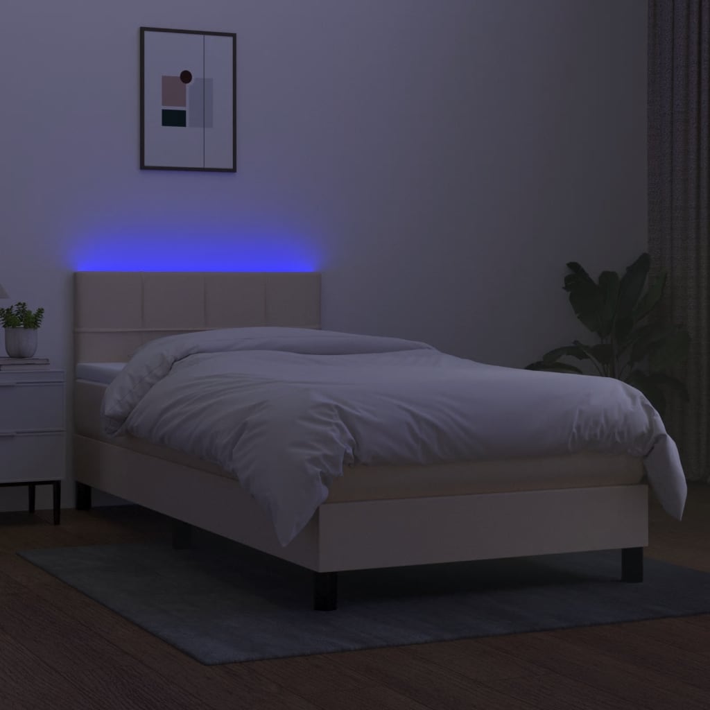 vidaXL Pat cu arcuri, saltea și LED, crem, 90x190 cm, textil