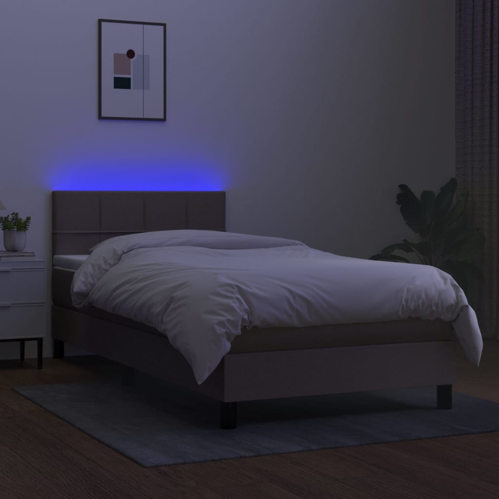 vidaXL Pat cu arcuri, saltea și LED, gri taupe, 90x200 cm, textil