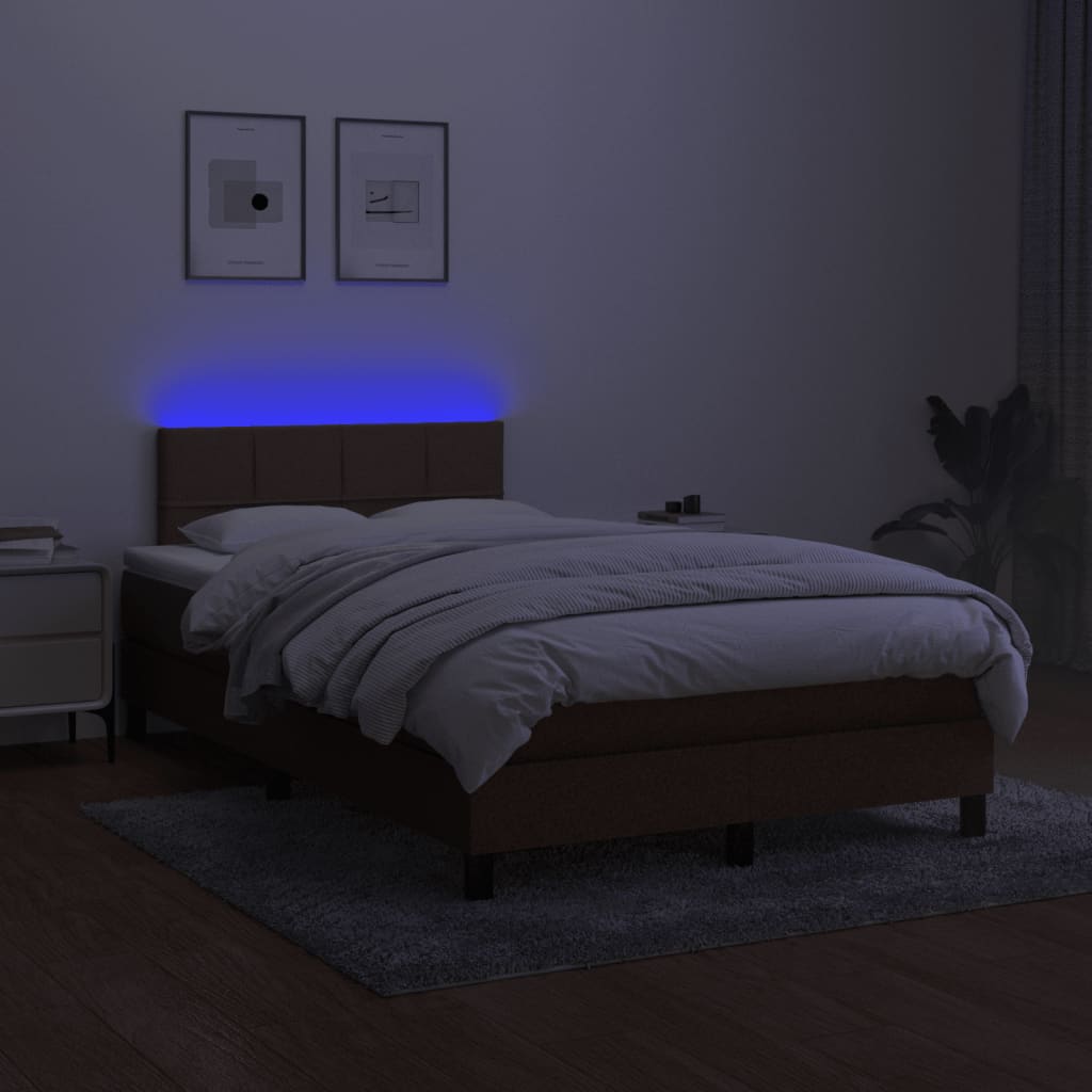 vidaXL Pat cu arcuri, saltea și LED, maro închis, 120x200 cm, textil vidaXL Pat cu arcuri, saltea și LED, maro închis, 120x200 cm, textil