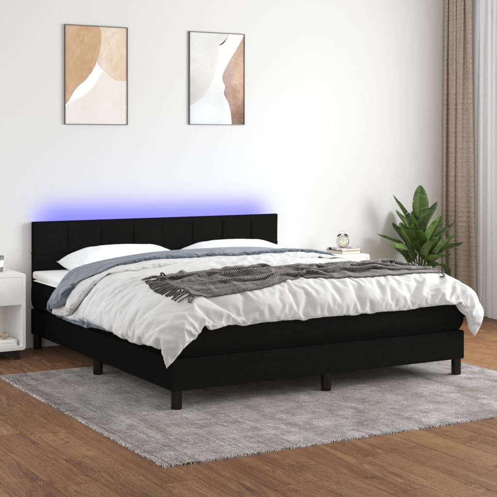 vidaXL Pat cu arcuri, saltea și LED, negru, 180x200 cm, textil vidaXL Pat cu arcuri, saltea și LED, negru, 180x200 cm, textil