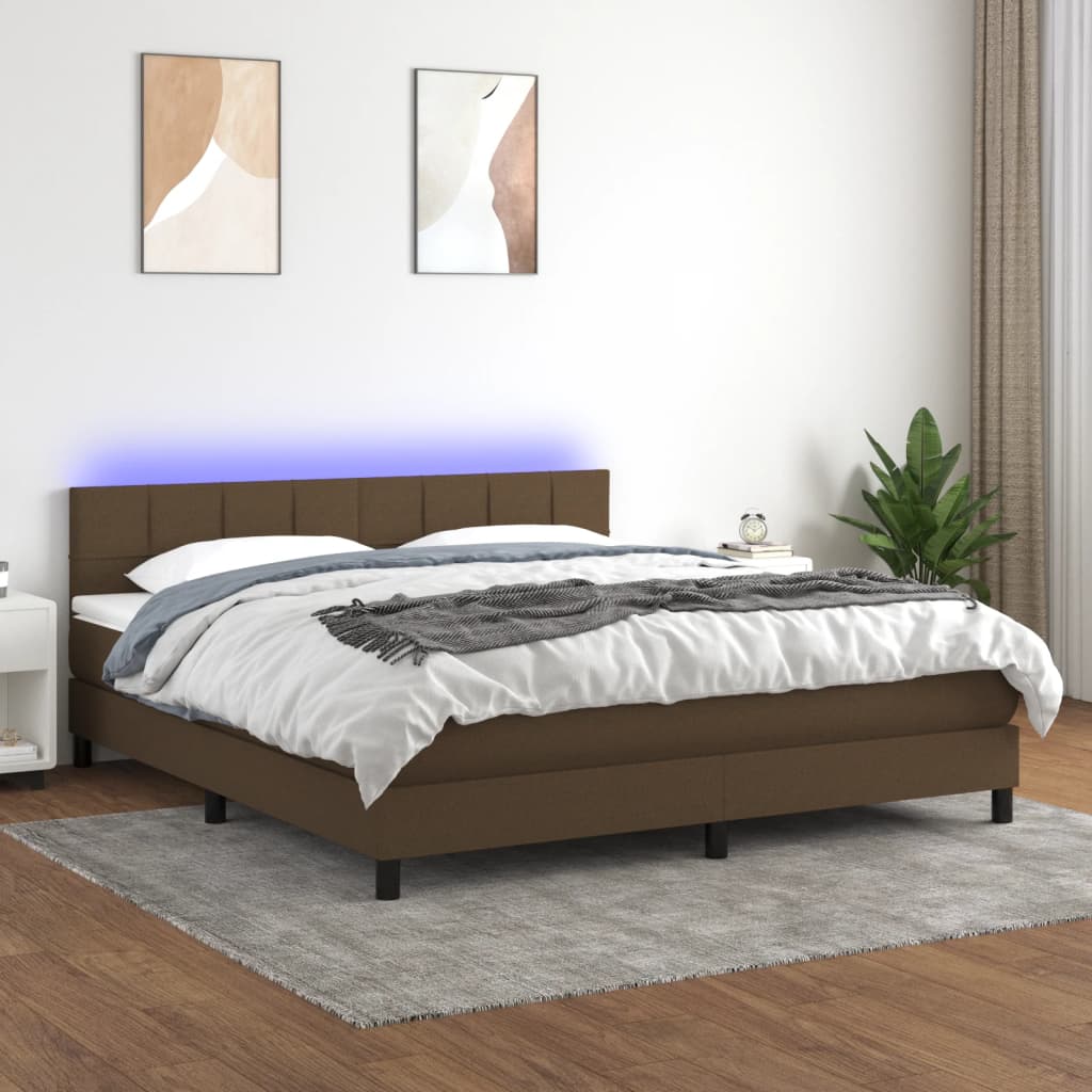 vidaXL Pat cu arcuri, saltea și LED, maro închis, 180x200 cm, textil vidaXL Pat cu arcuri, saltea și LED, maro închis, 180x200 cm, textil