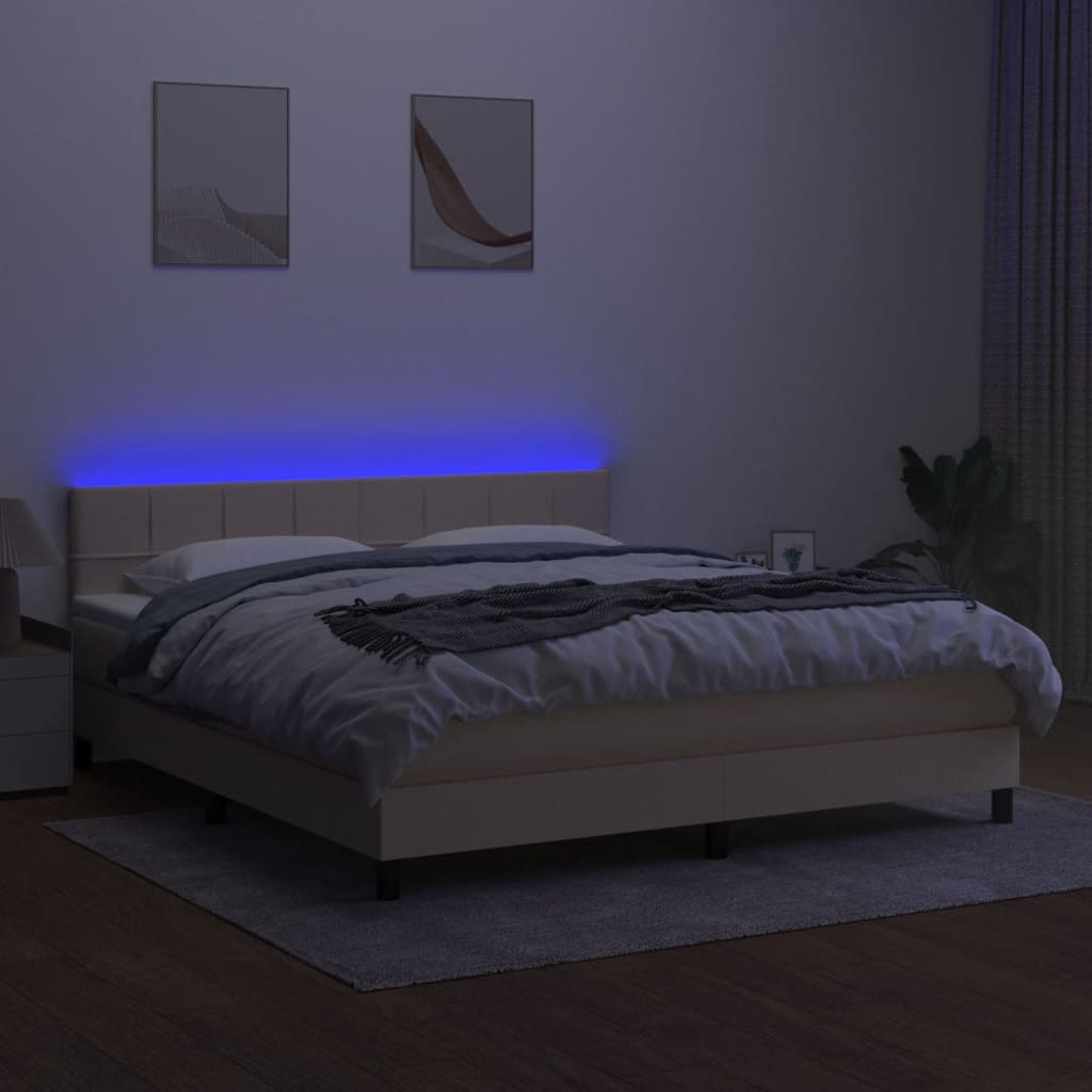 vidaXL Pat cu arcuri, saltea și LED, crem, 180x200 cm, textil