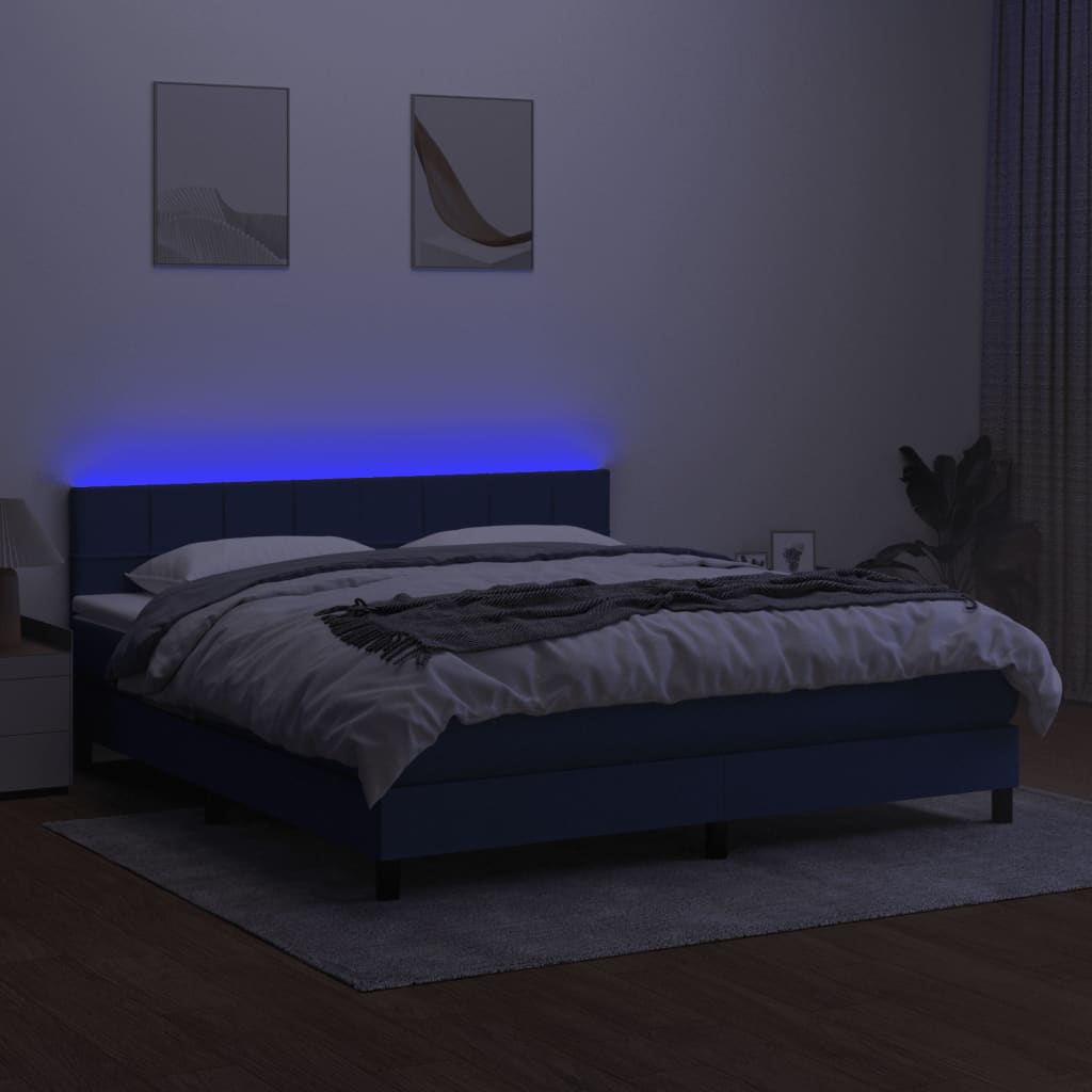 vidaXL Pat cu arcuri, saltea și LED, albastru, 180x200 cm, textil