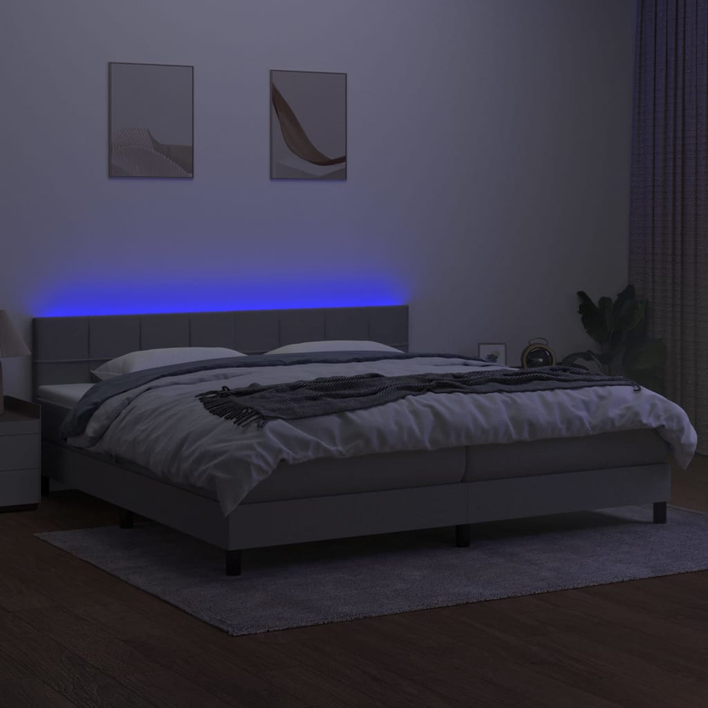 vidaXL Pat cu arcuri, saltea și LED, gri deschis, 200x200 cm, textil