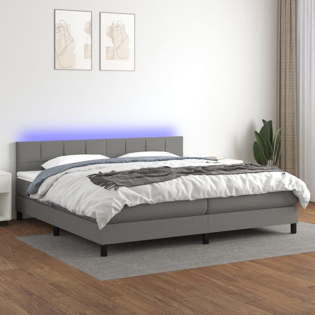vidaXL Pat cu arcuri, saltea și LED, gri închis, 200x200 cm, textil