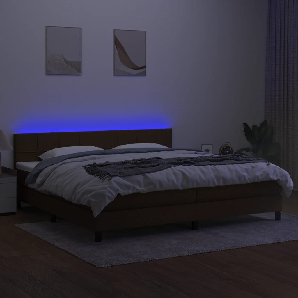 vidaXL Pat cu arcuri, saltea și LED, maro închis, 200x200 cm, textil vidaXL Pat cu arcuri, saltea și LED, maro închis, 200x200 cm, textil