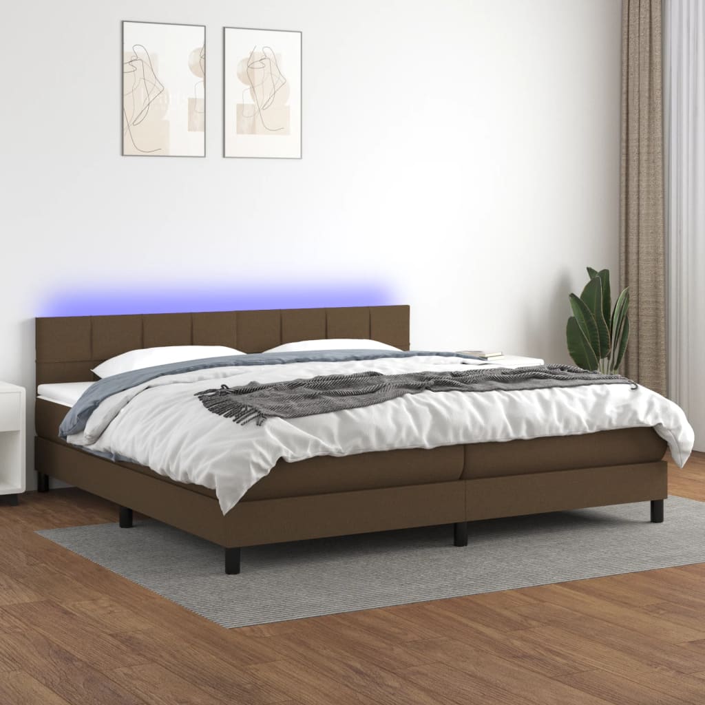 vidaXL Pat cu arcuri, saltea și LED, maro închis, 200x200 cm, textil vidaXL Pat cu arcuri, saltea și LED, maro închis, 200x200 cm, textil