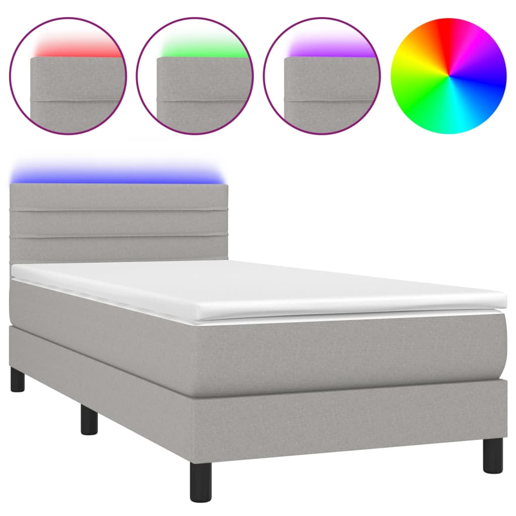 vidaXL Pat cu arcuri, saltea și LED, gri deschis, 90x200 cm, textil vidaXL Pat cu arcuri, saltea și LED, gri deschis, 90x200 cm, textil