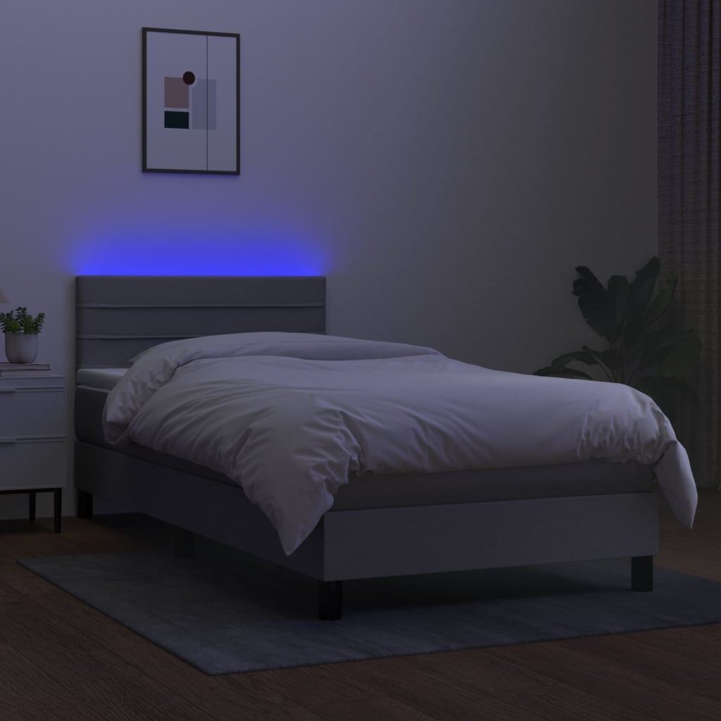 vidaXL Pat cu arcuri, saltea și LED, gri deschis, 90x200 cm, textil vidaXL Pat cu arcuri, saltea și LED, gri deschis, 90x200 cm, textil