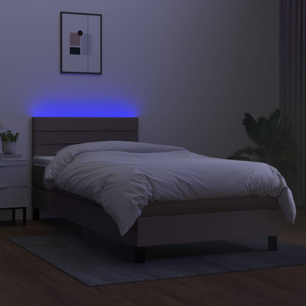 vidaXL Pat cu arcuri, saltea și LED, gri taupe, 90x200 cm, textil