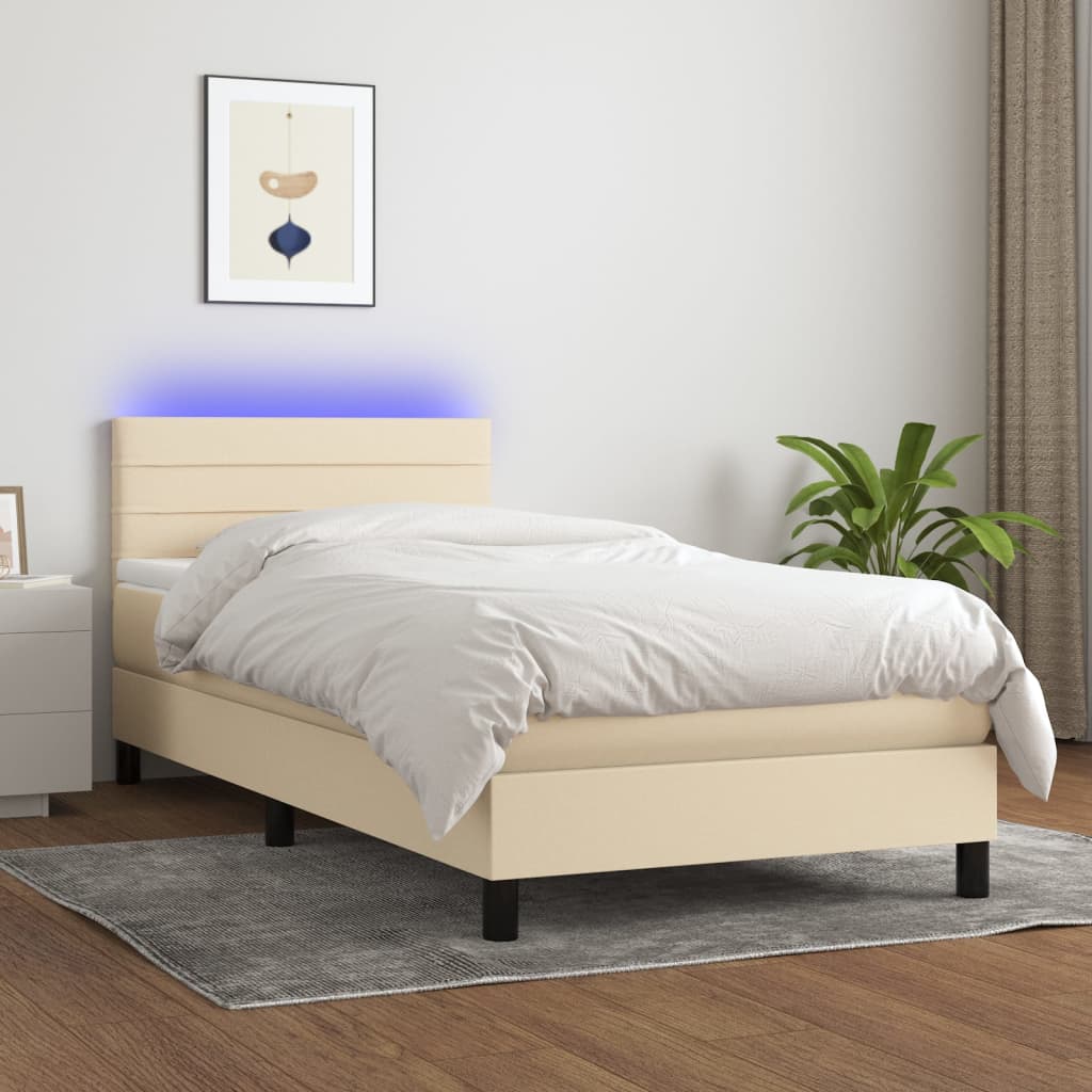 vidaXL Pat cu arcuri, saltea și LED, crem, 90x200 cm, textil vidaXL Pat cu arcuri, saltea și LED, crem, 90x200 cm, textil