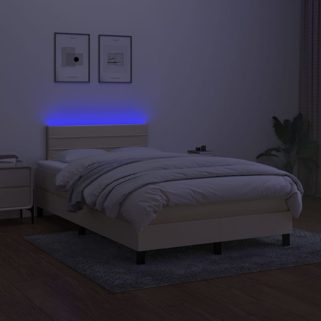 vidaXL Pat cu arcuri, saltea și LED, crem, 120x200 cm, textil