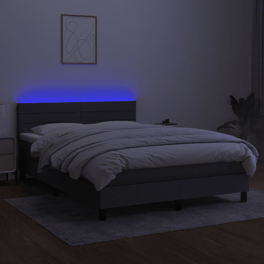 vidaXL Pat cu arcuri, saltea și LED, gri închis, 140x190 cm, textil