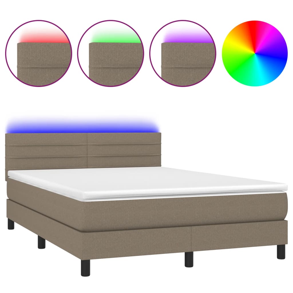 vidaXL Pat cu arcuri, saltea și LED, gri taupe, 140x190 cm, textil vidaXL Pat cu arcuri, saltea și LED, gri taupe, 140x190 cm, textil