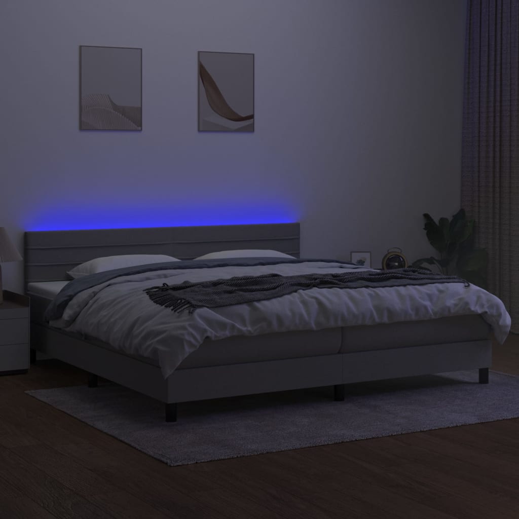 vidaXL Pat cu arcuri, saltea și LED, gri deschis, 200x200 cm, textil