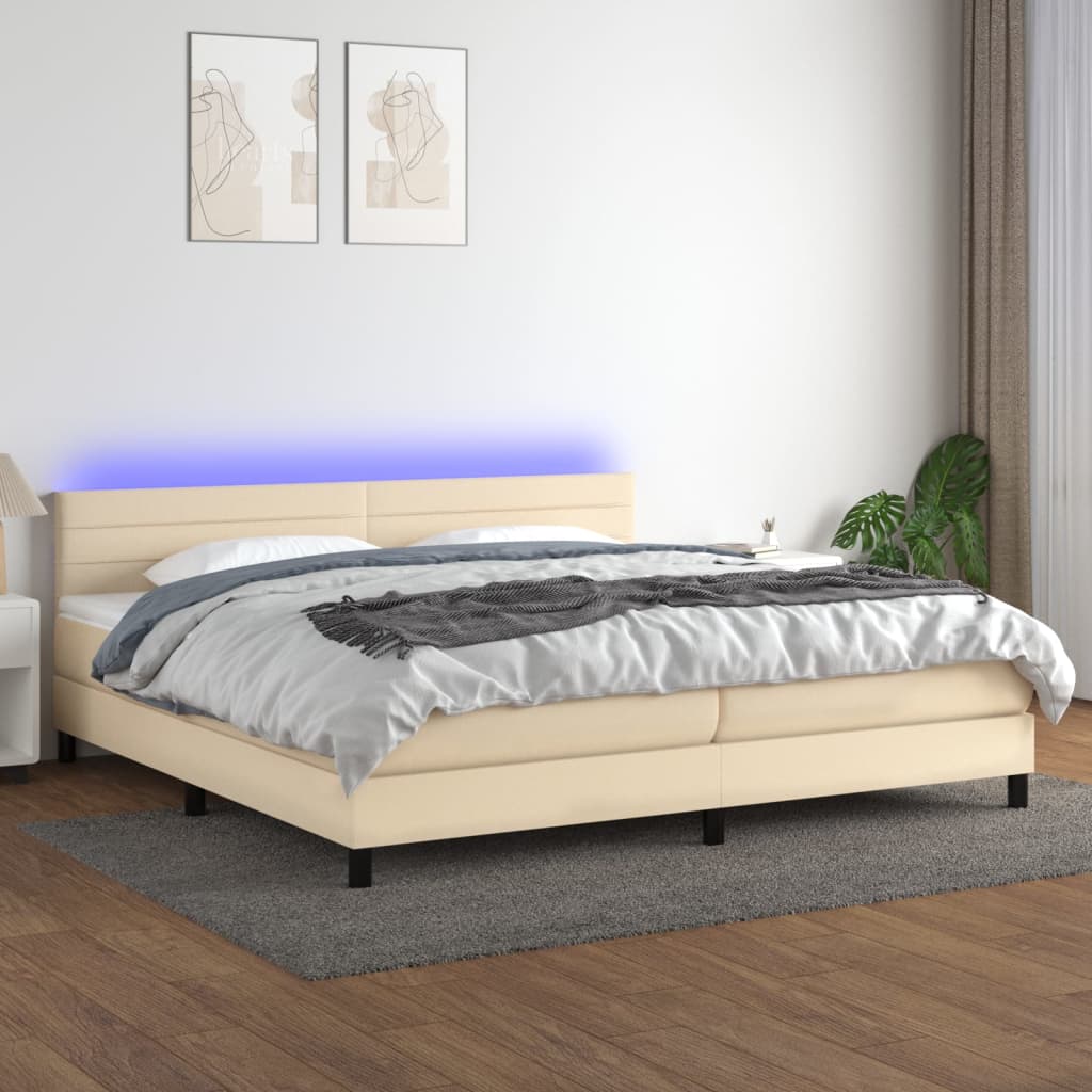vidaXL Pat cu arcuri, saltea și LED, crem, 200x200 cm, textil