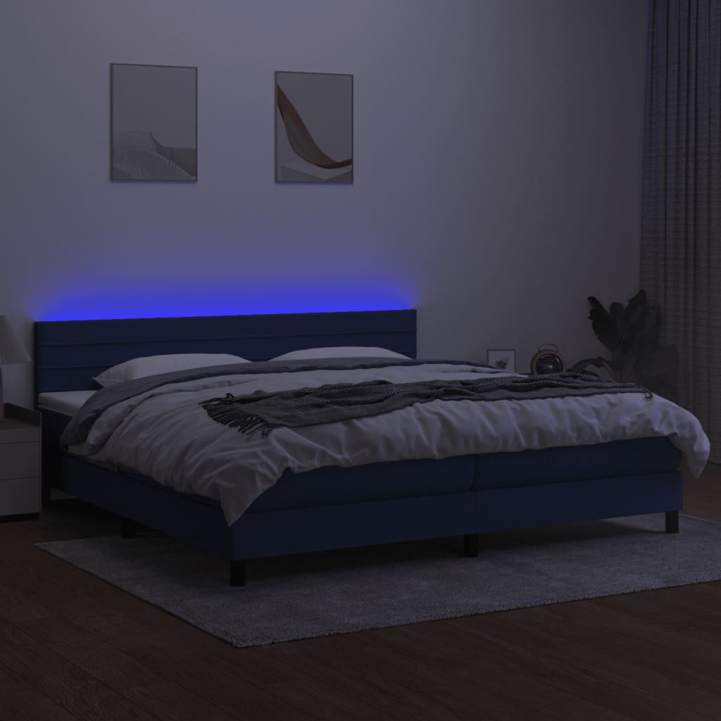 vidaXL Pat cu arcuri, saltea și LED, albastru, 200x200 cm, textil