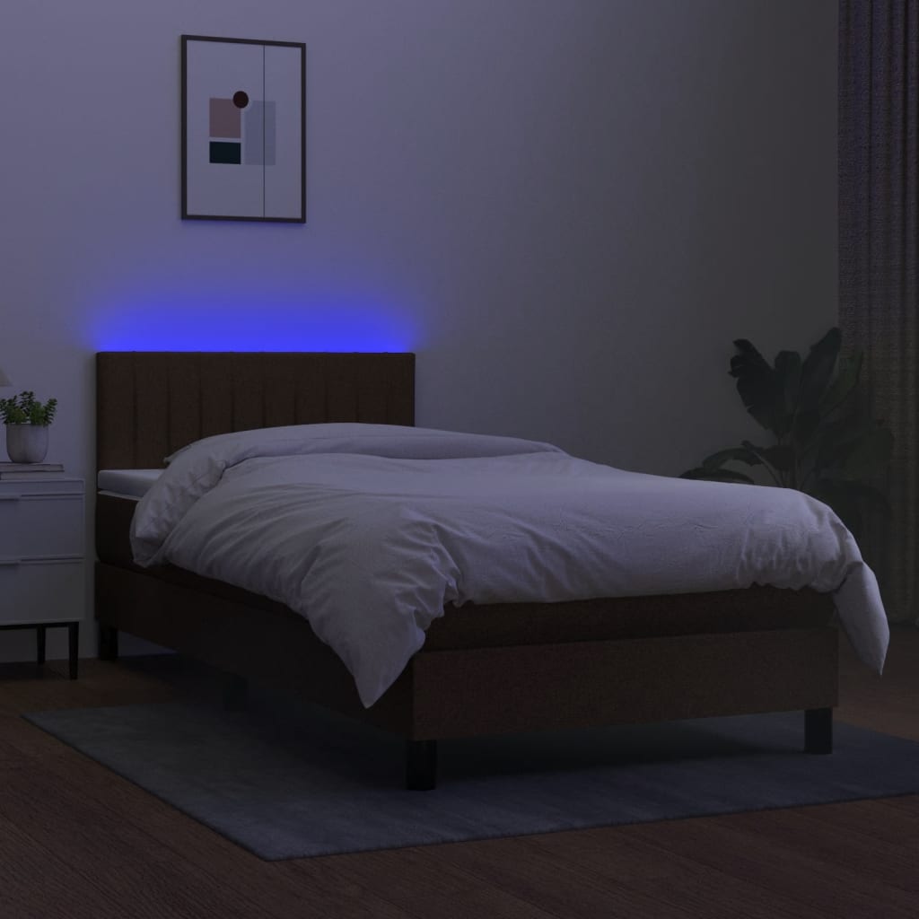 vidaXL Pat cu arcuri, saltea și LED, maro închis, 90x200 cm, textil