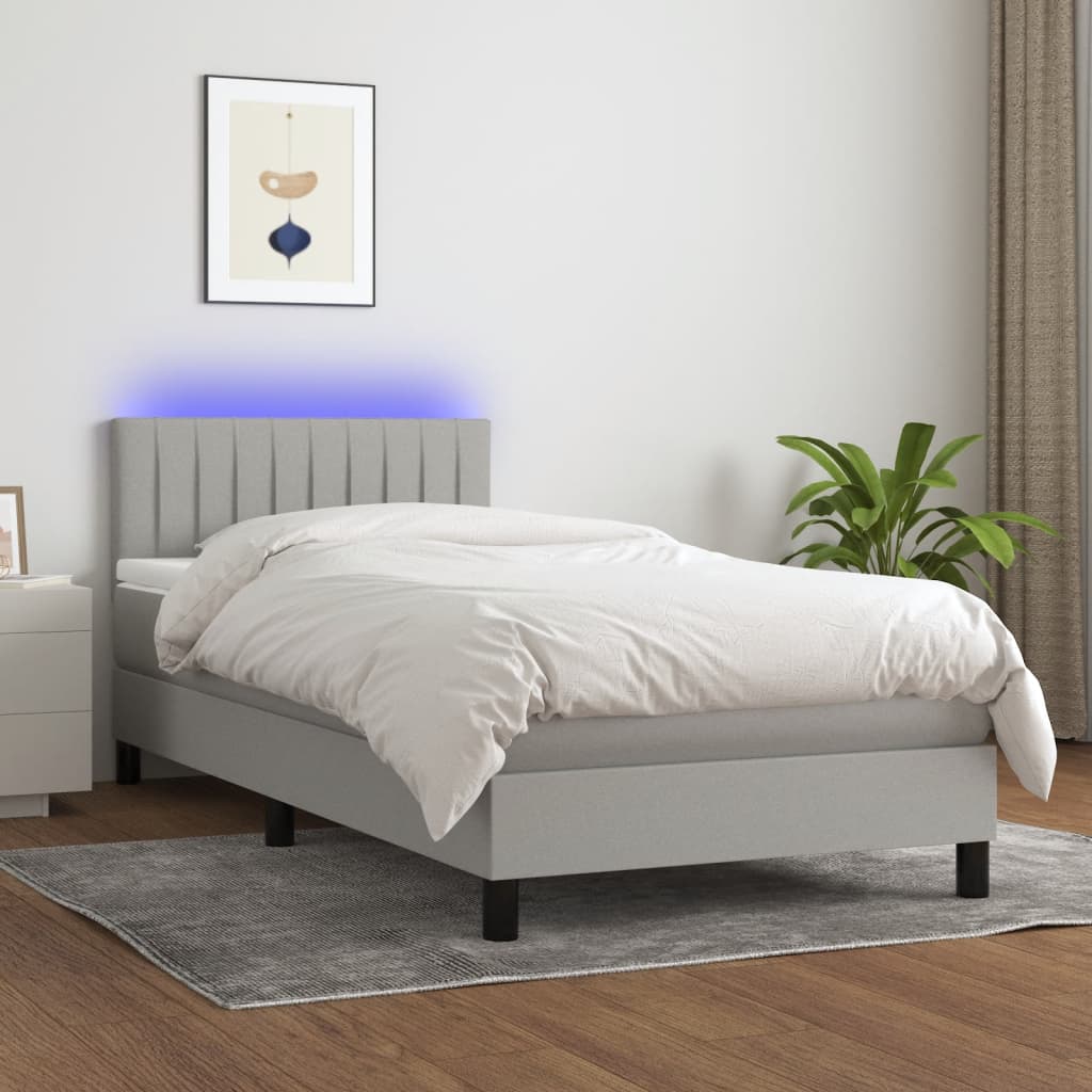 vidaXL Pat cu arcuri, saltea și LED, gri deschis, 100x200 cm, textil vidaXL Pat cu arcuri, saltea și LED, gri deschis, 100x200 cm, textil