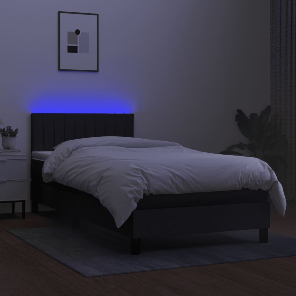 vidaXL Pat cu arcuri, saltea și LED, negru, 100x200 cm, textil