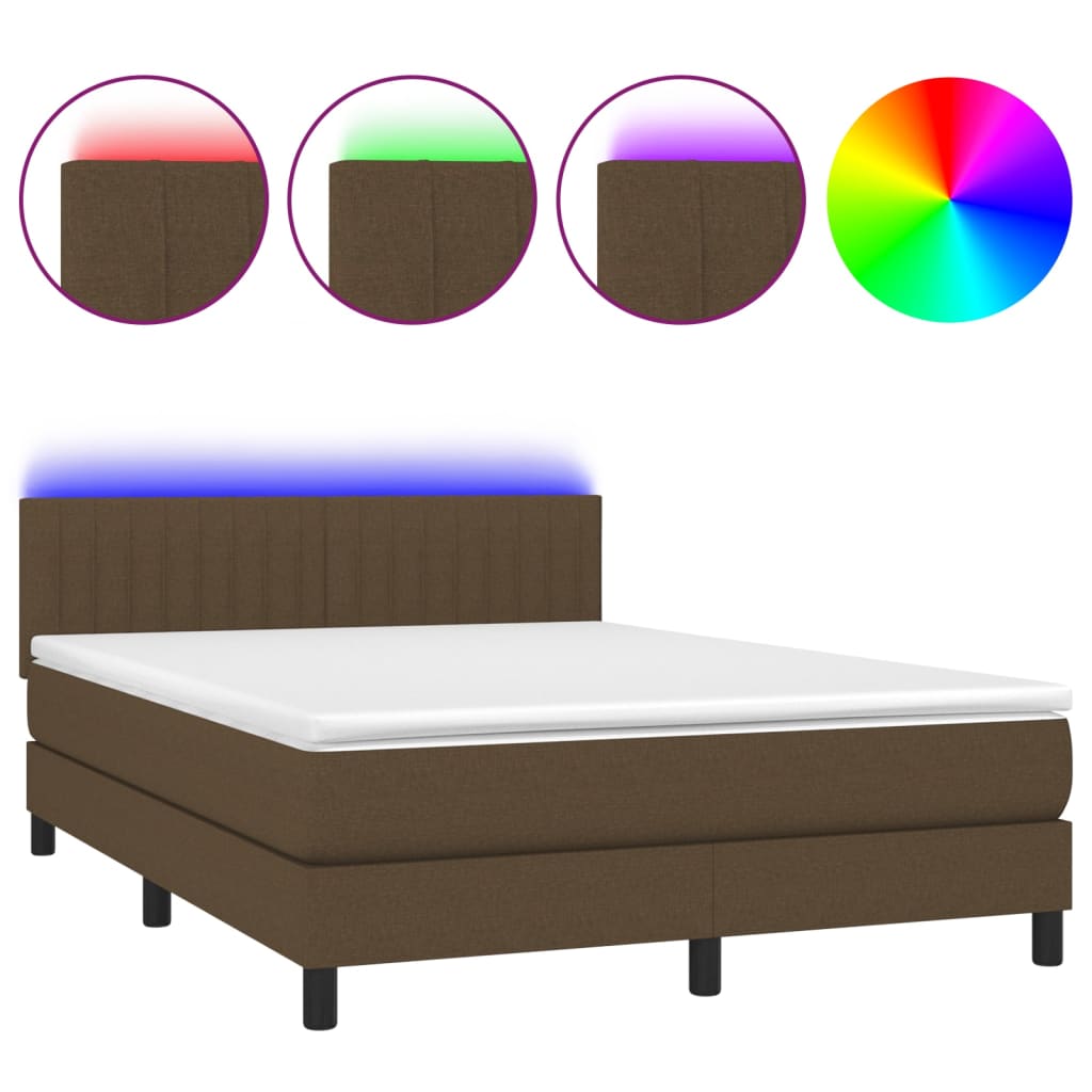vidaXL Pat cu arcuri, saltea și LED, maro închis, 140x190 cm, textil vidaXL Pat cu arcuri, saltea și LED, maro închis, 140x190 cm, textil