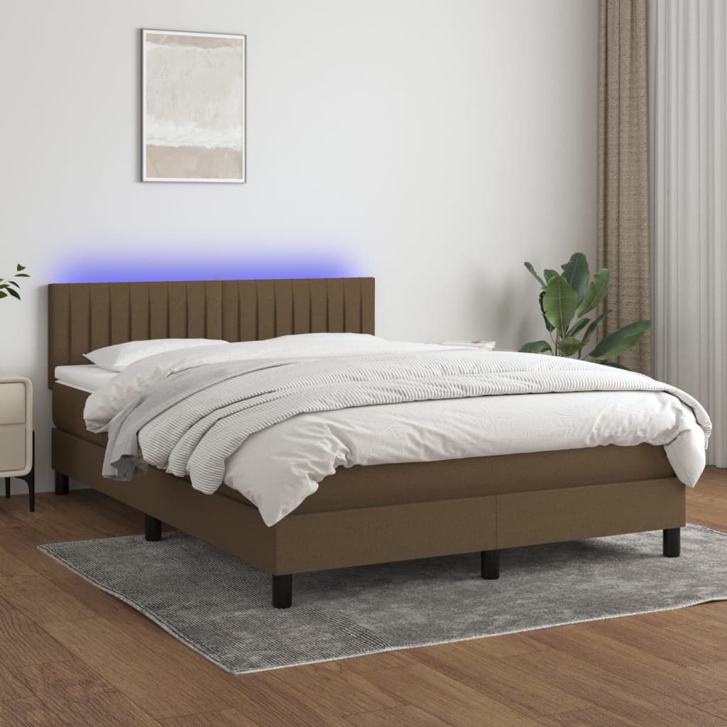 vidaXL Pat cu arcuri, saltea și LED, maro închis, 140x190 cm, textil vidaXL Pat cu arcuri, saltea și LED, maro închis, 140x190 cm, textil