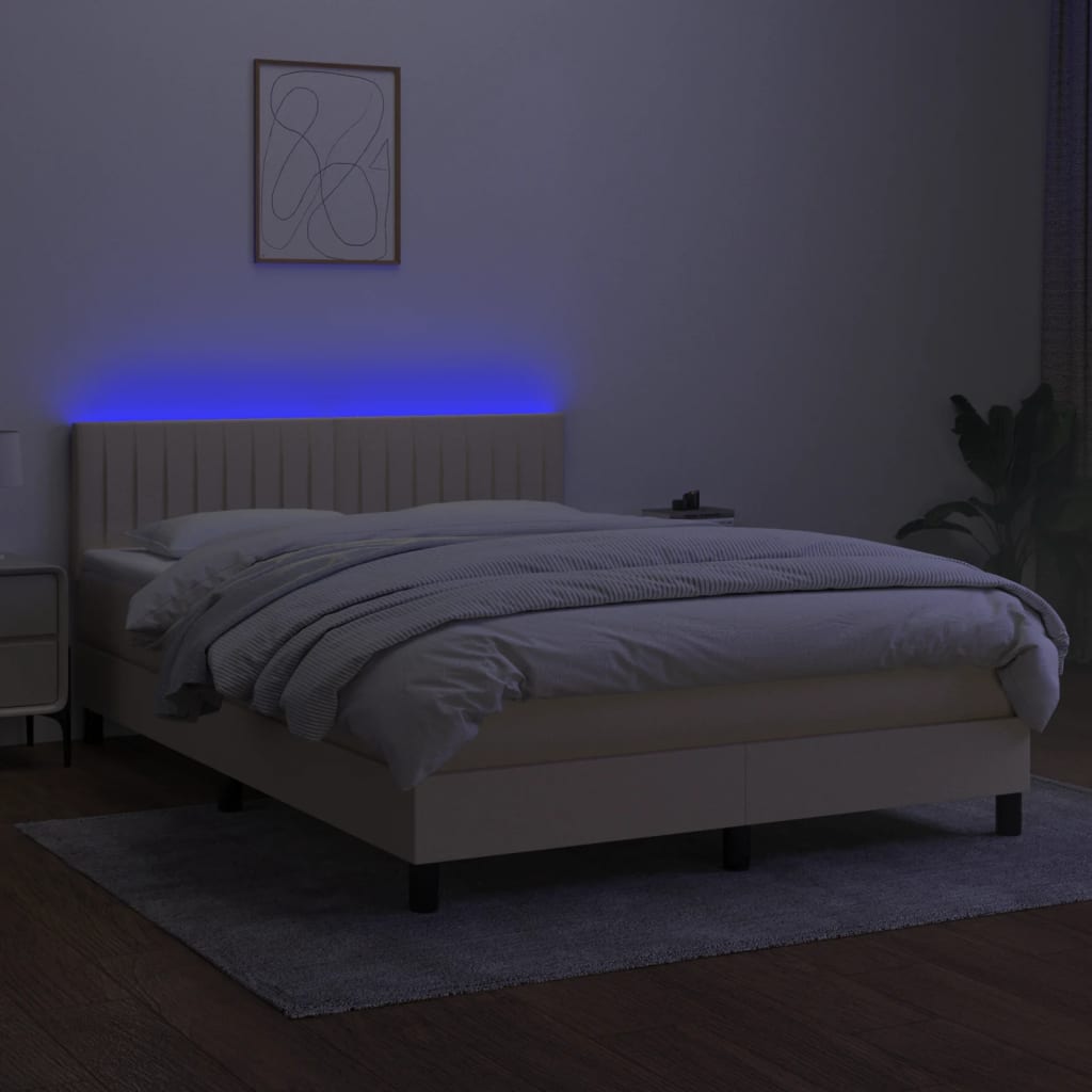 vidaXL Pat cu arcuri, saltea și LED, crem, 140x200 cm, textil