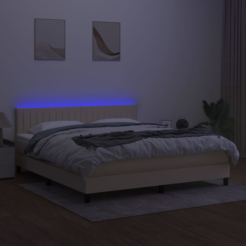 vidaXL Pat cu arcuri, saltea și LED, crem, 160x200 cm, textil