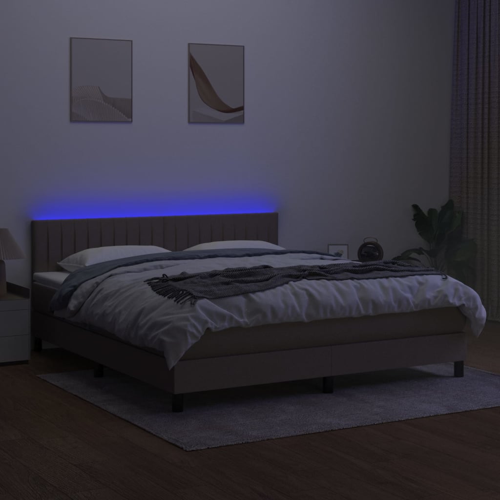 vidaXL Pat cu arcuri, saltea și LED, gri taupe, 180x200 cm, textil