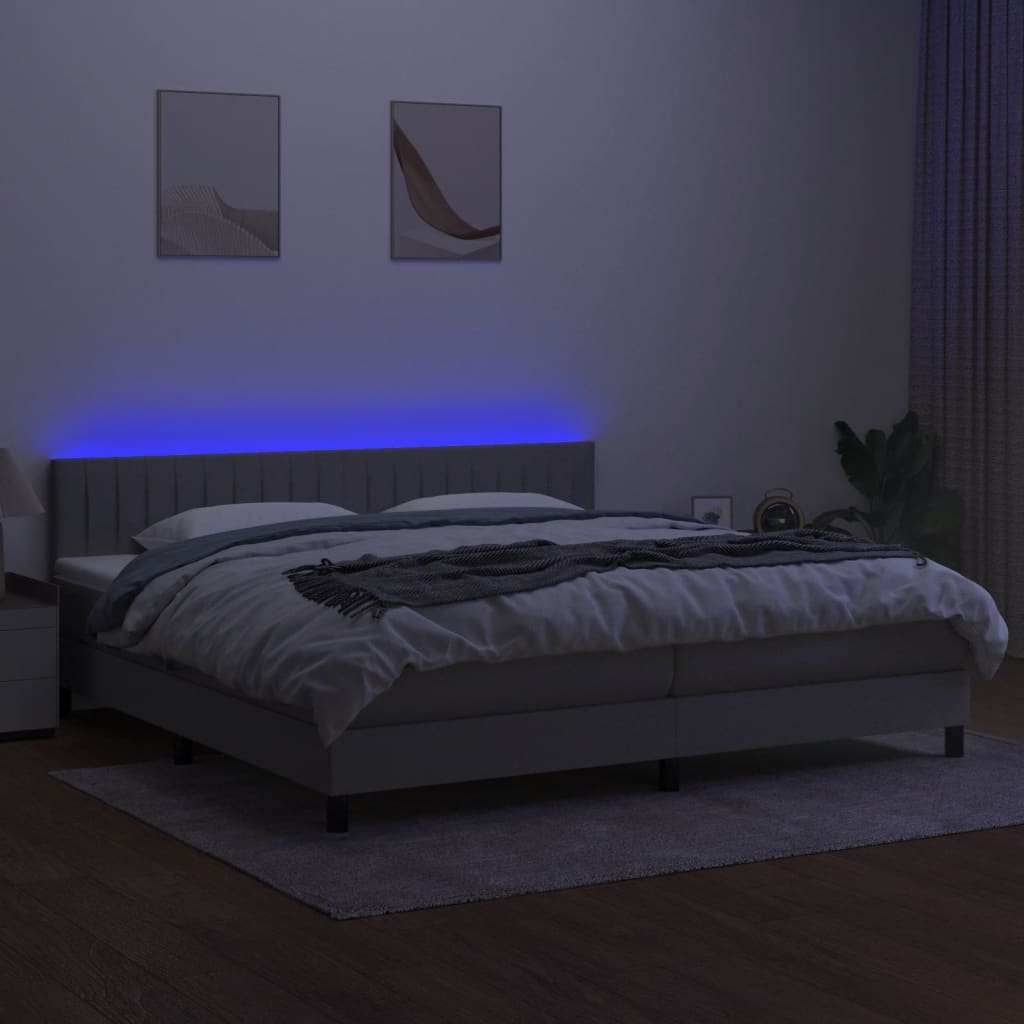 vidaXL Pat cu arcuri, saltea și LED, gri deschis, 200x200 cm, textil