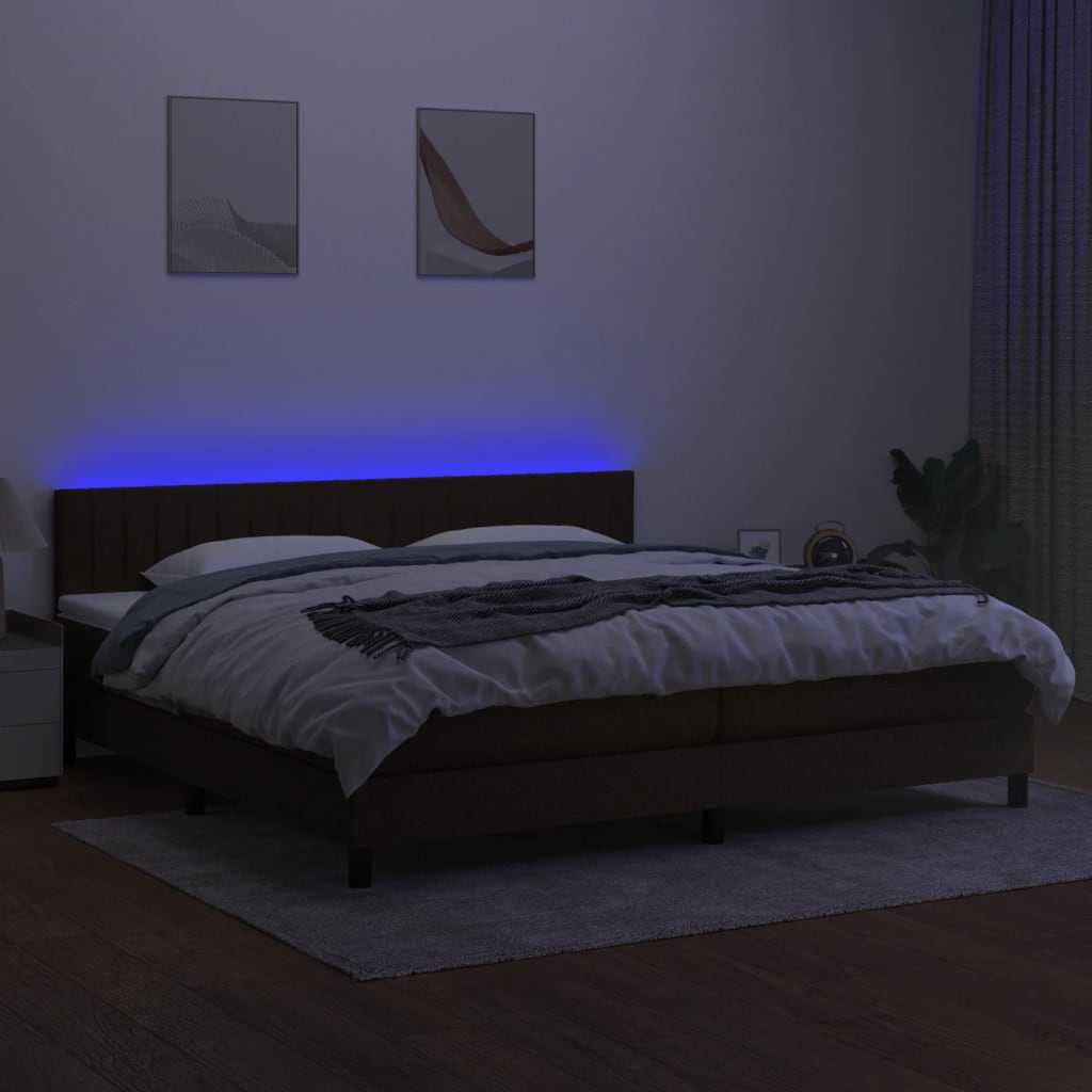 vidaXL Pat cu arcuri, saltea și LED, maro închis, 200x200 cm, textil vidaXL Pat cu arcuri, saltea și LED, maro închis, 200x200 cm, textil