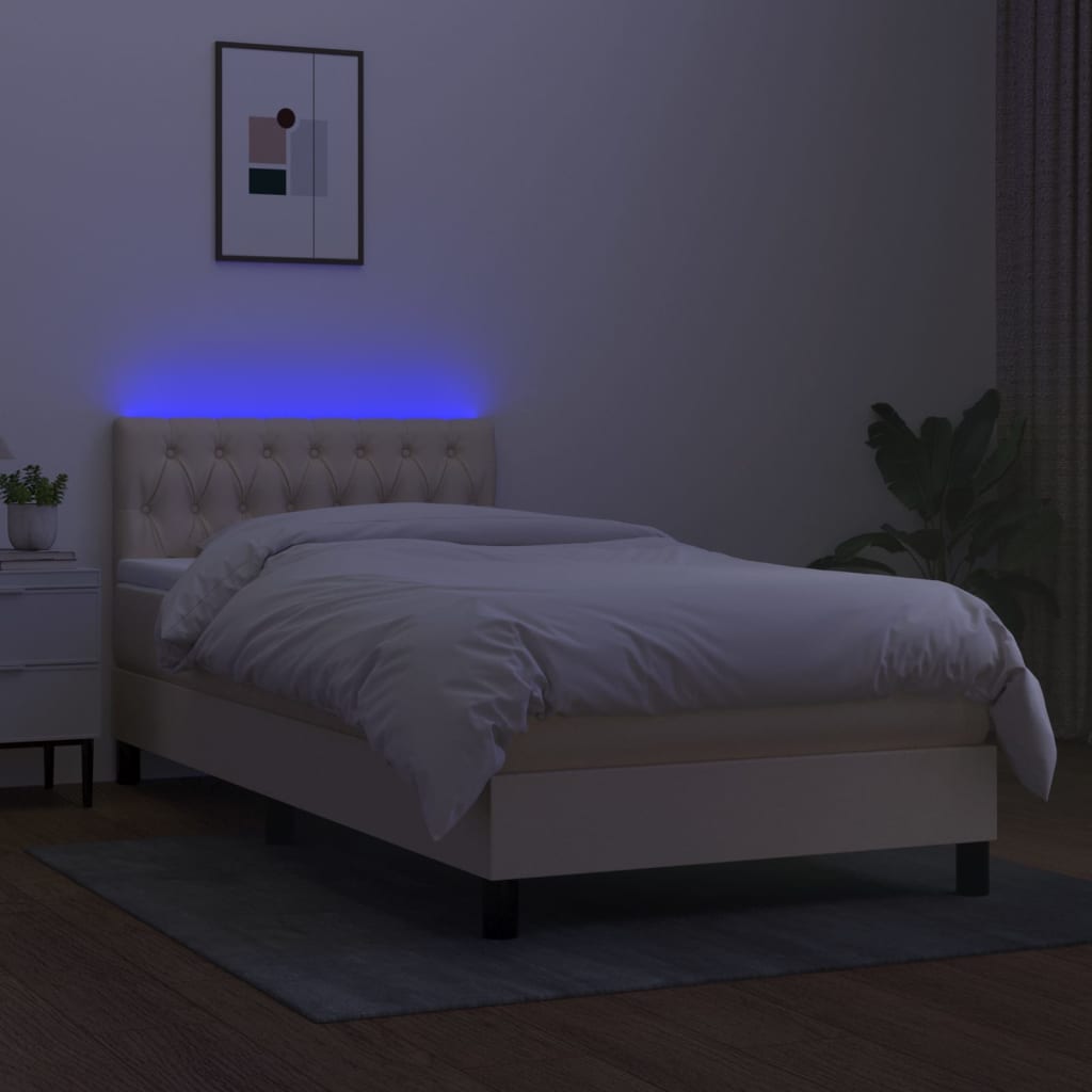 vidaXL Pat cu arcuri, saltea și LED, crem, 90x200 cm, textil vidaXL Pat cu arcuri, saltea și LED, crem, 90x200 cm, textil